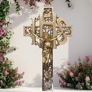 Vintage Crucifix Cross 1900s Religious Wall Decor Rare Antique Heavy Gold Brass